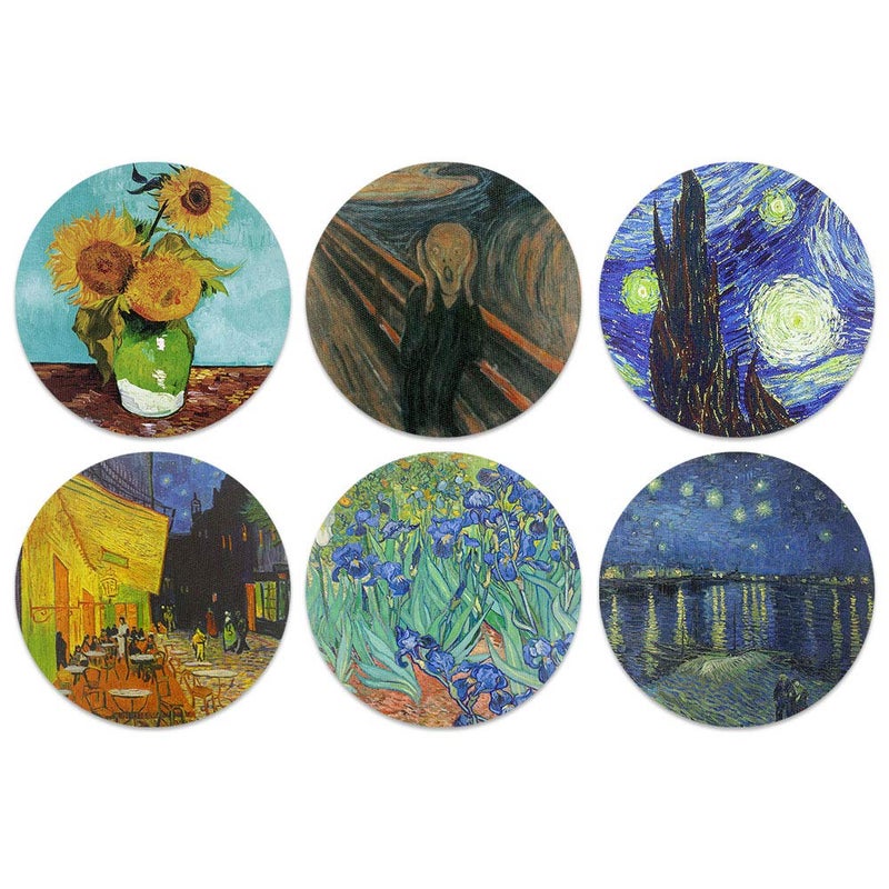 CARIBOU Coasters - Sunflowers Van Gogh, The Scream, Starry Night, Cafe Terrace, Irises, The Starry Night Over The Rhone Design Absorbent ROUND Fabric Felt Neoprene Coasters for Drinks, 6pcs Set - Image 1